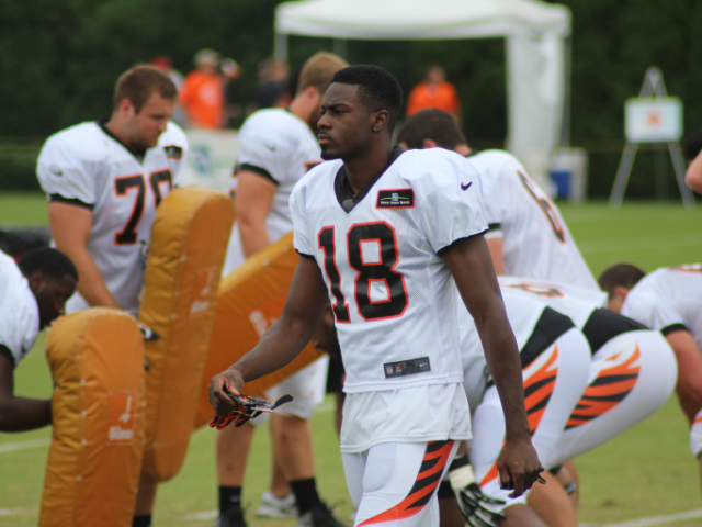 AJ Green wearing a white football uniform accented with orange and black. A black 18 outlined in orange is on the front of his uniform.