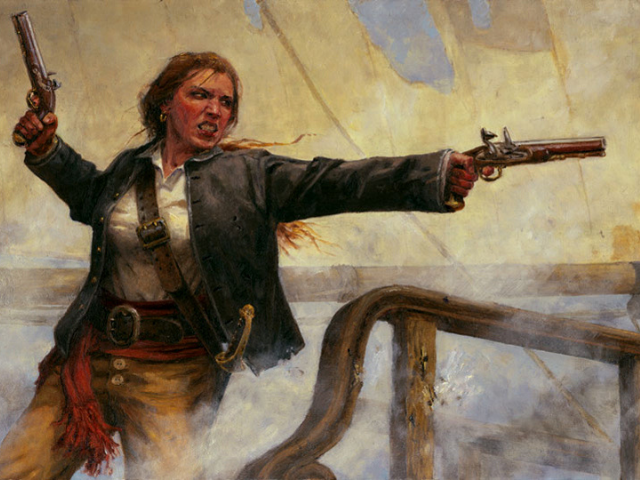 A frowning Anne Bonny wearing pirate clothing and pointing a gun. 