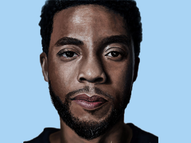 Chadwick Boseman against a baby blue background