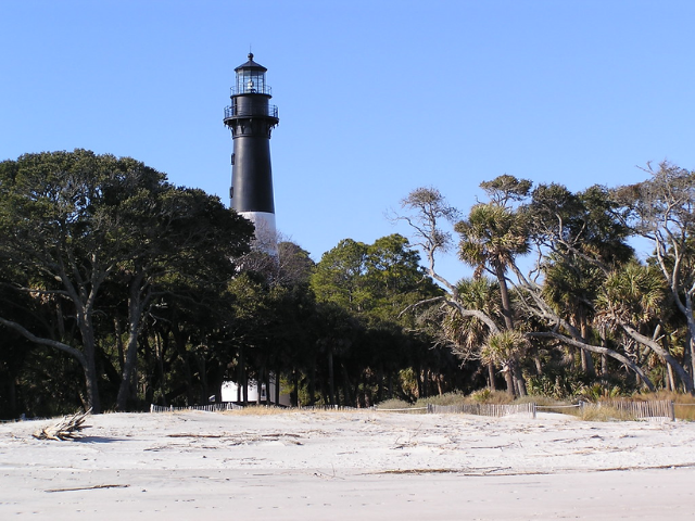 A black and white lighthouse nestle between green trees next to a sandy beach. 
