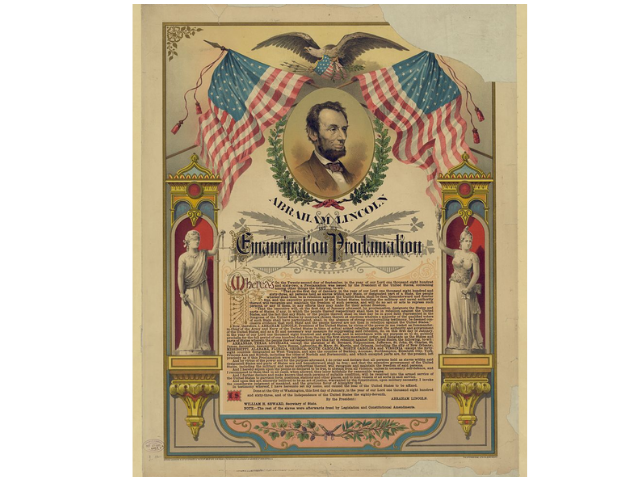 Text of Emancipation Proclamation with two U.S. flags and eagle over Abraham Lincoln. 