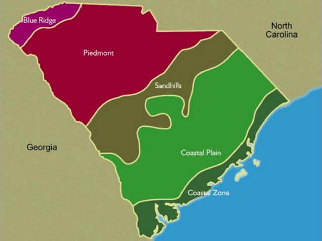 Map of South Carolina regions in magenta, red, olive, green, and dark green