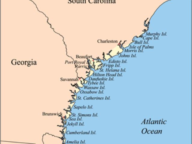 Light orange map of South Carolina, Georgia, and Florida coastline