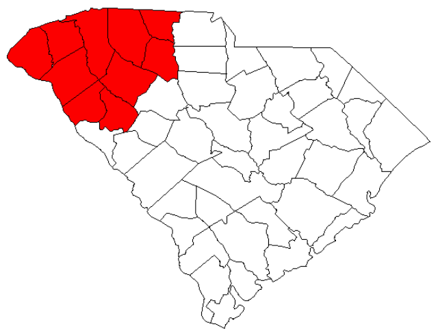 Map of South Carolina with the upper left counties in red