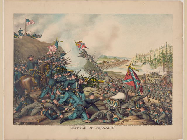 blue uniformed soldiers fight grey uniformed soldiers on battlefield. 