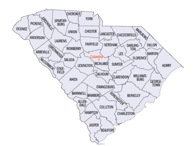 Map of South Carolina counties with the capital, Columbia in orange text. 