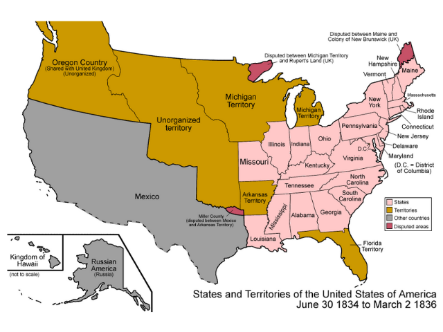 Map of the United States in pink, gold, and grey.