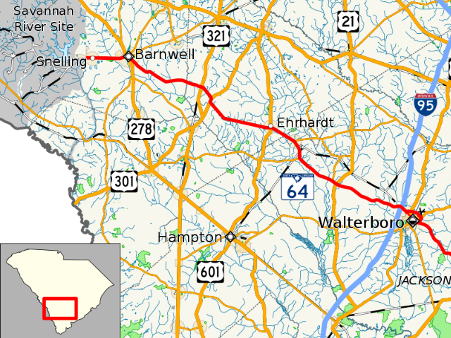A map of South Carolina showing the roadways in yellow, blue, and red lines. 