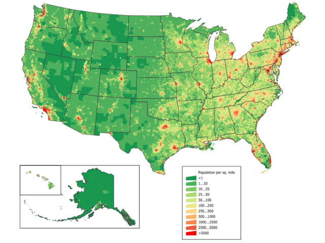 A green, yellow, and red map of the United States 