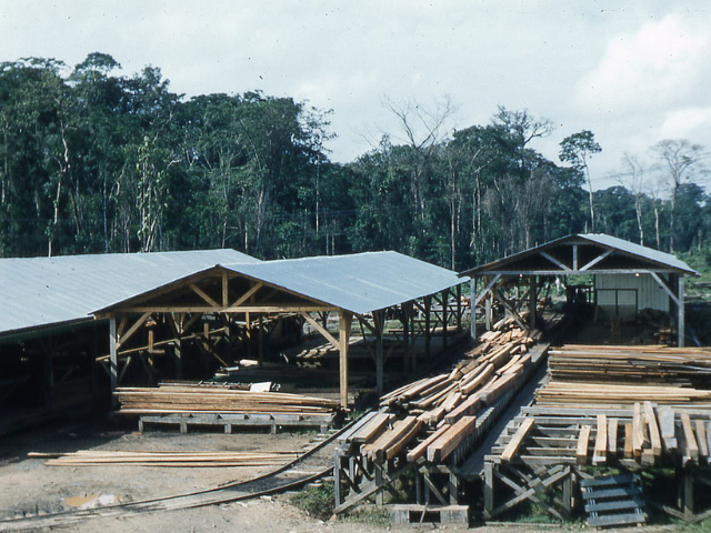 A outdoor mill with various lumber placed beneath open air buildings
