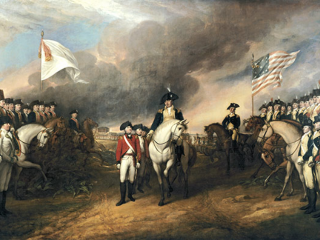 A man on a white horse next to a man in a red coat walking between two armies