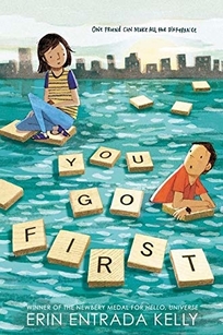A girl sitting on scrabble tiles and a boy holding onto a scrabble tile in a flooded city.