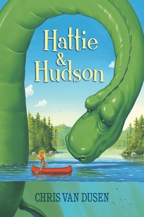 A girl on a red canoe looks at a large green dinosaur.  