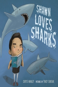 A boy reads a shark book while three sharks swim in the background.