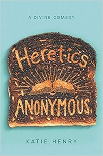A burnt piece of toast with Heretics Anonymous and a opened book carved into the bread