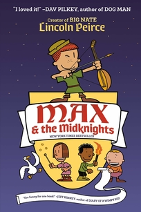 A child dressed in green aims an arrow with a musical instrument while below thee other kids hold a wand, torch, and scroll. 
