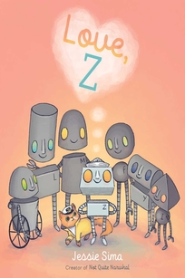 A group of robots surrounds a shiny robot with the letter Z on its chest and a orange cat in a sea captain costume. 