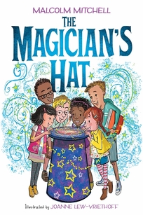 A group of kids stand around a large blue magician's hat. 