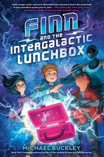Three kids and a robot surround a glowing pink lunchbox with a unicorn sticker. 