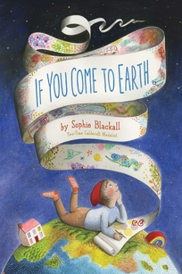A child laying on planet Earth looking up at the pages flowing from a book. 