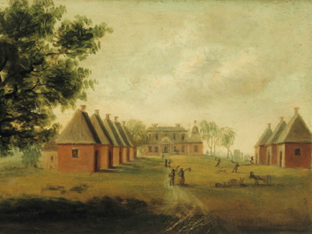 British painter Thomas Coram painted Mulberry Plantation in about 1800 when the house still had 4,000 acres and two rows of service buildings.