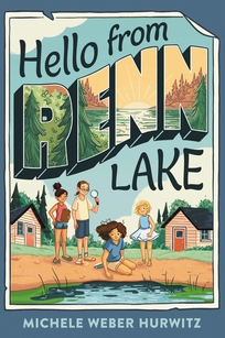 A girl is sitting down and looking at a moss covered body of water while three other girls stand behind her near two cabins. 