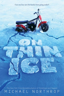 A motorbike stuck on cracking ice. 