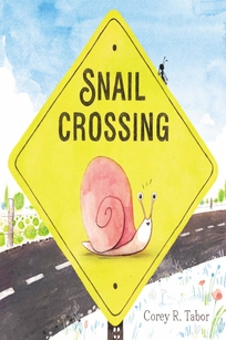 A yellow road crossing sign with a pink snail on front. 