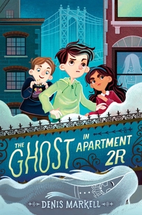 Two boys and girl look at something aganist the backdrop of apartment buildings with a ghost of a girl in one of the apartment windows