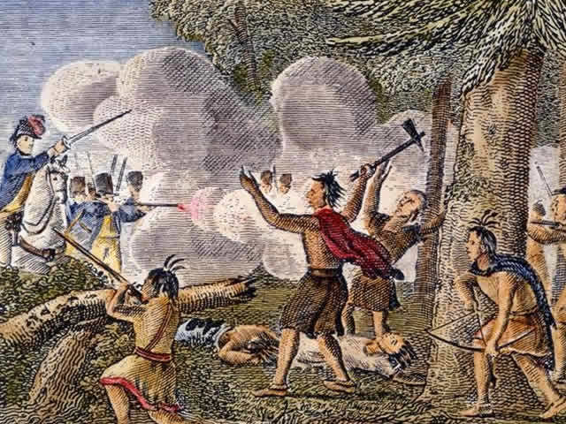 Print of YAMASEE WAR, 1715. Governor Craven of South Carolina attacks the Yamasee Native Americans
