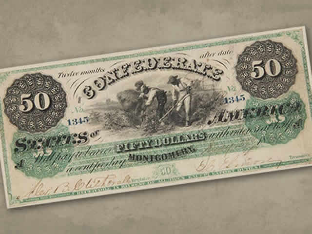 Confederate States $50 Civil War currency note, signed by Edward Elmore.