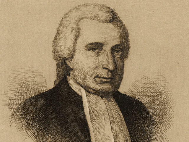 Black and white print of Richard Hutson in wig.