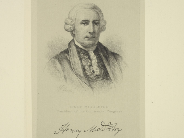 Drawing of a man in a powdered wig. 