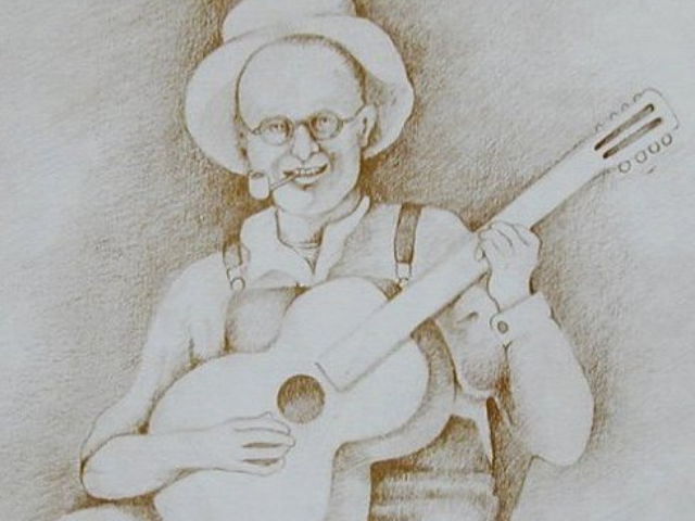 An outline drawing of an older man holding a guitar. 