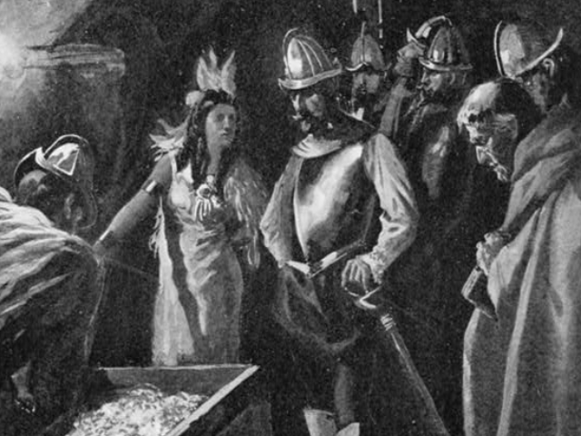 Black and white sketch of Lady of Cofachiqui with deSoto and his soldiers