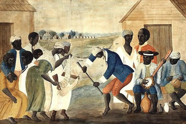 The Old Plantation, anonymous folk painting. Depicts African-American slaves dancing to banjo and percussion